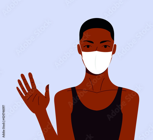 african american young girl, woman in medical mask, raised her hand up