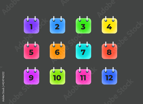 Color calendar sheets with digits. Inforgaphic vector bullets template. 12 month
