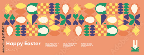 Happy Easter. Flat vector illustration. Abstract backgrounds, geometric patterns for the Easter holiday. Ornament, spring symbols, eggs, flowers. Poster, banner, flyer. Egg packaging label.