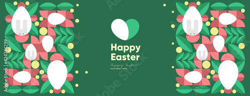 Happy Easter. Flat vector illustration. Abstract backgrounds, geometric patterns for the Easter holiday. Ornament, spring symbols, eggs, rabbit, flowers. Poster, banner, flyer. Egg packaging label. photo