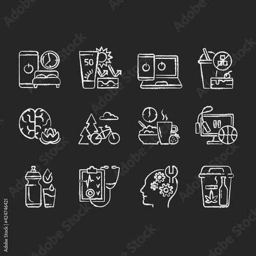 Healthy activity RGB color icons set. Quit bad habit. Learn new skill. Regular health checkup. Drink water. Exercise break. Healthy breakfast. Outdoor activity. Isolated vector illustrations
