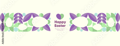 Happy Easter. Flat vector illustration. Abstract backgrounds, geometric patterns for the Easter holiday. Ornament, spring symbols, eggs, flowers. Poster, banner, flyer. Egg packaging label.