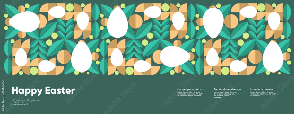 Happy Easter. Flat vector illustration. Abstract backgrounds, geometric patterns for the Easter holiday. Ornament, spring symbols, eggs, rabbit, flowers. Poster, banner, flyer. Egg packaging label.