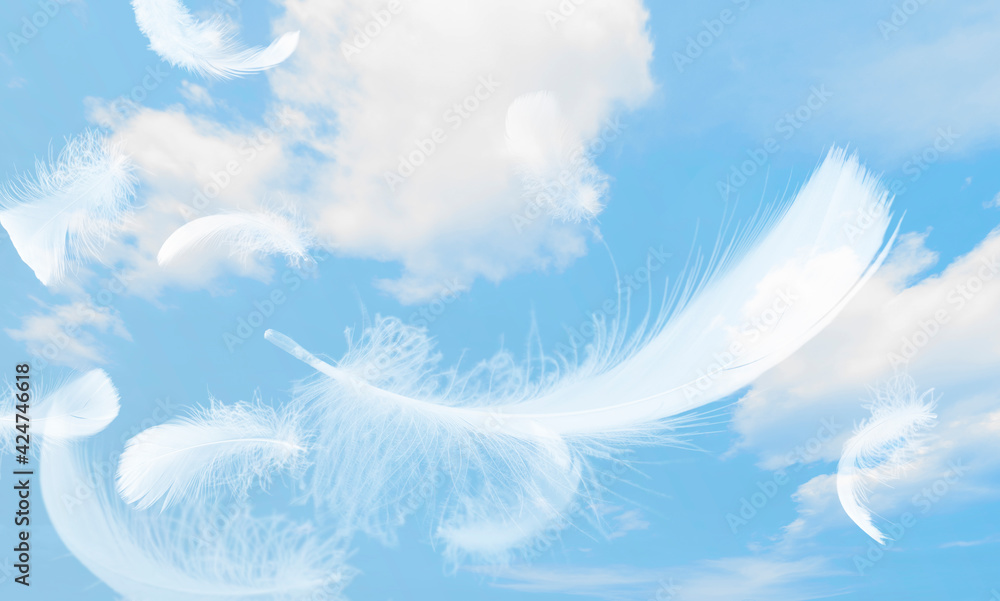 Beautiful Group of White Feathers Floating in the Sky with Clouds. Abstract Feather Flying in Heaven. Beautiful Group of White Feathers Floating in the Sky with Clouds. Abstract Feather Flying in Heaven.