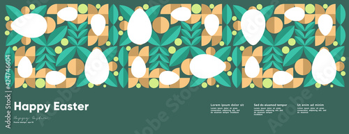 Happy Easter. Flat vector illustration. Abstract backgrounds, geometric patterns for the Easter holiday. Ornament, spring symbols, eggs, rabbit, flowers. Poster, banner, flyer. Egg packaging label.