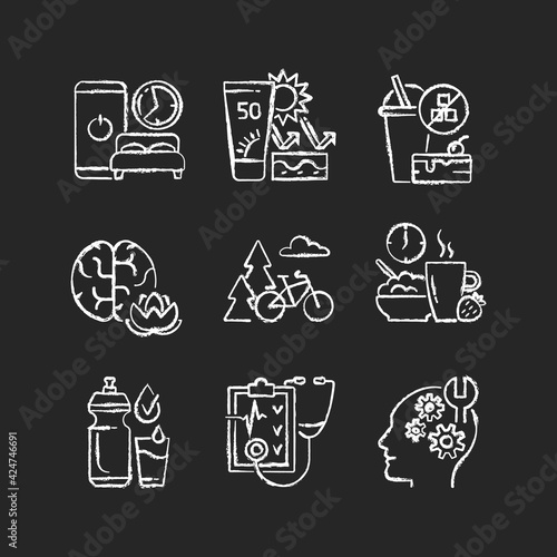 Healthy habits development RGB color icons set. Sleep hygiene. Skin protection. No added sugar. Practice mindfulness. Outdoor activity. Healthy breakfast. Drink water. Isolated vector illustrations