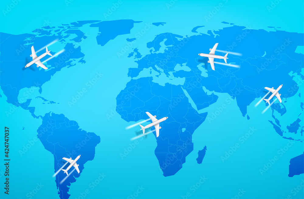 Obraz premium Modern aircraft flying above the world map. Top view vector illustration