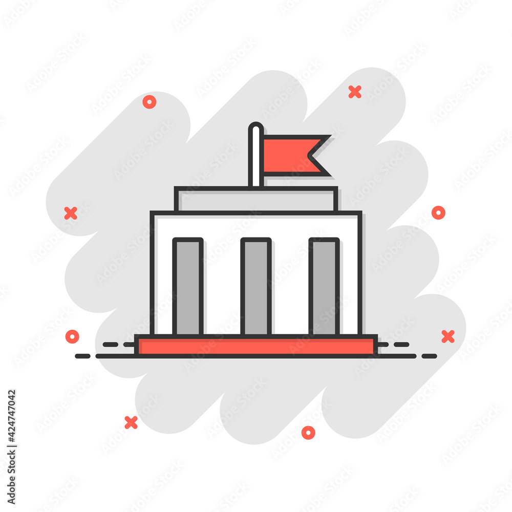 Obraz premium Bank building icon in comic style. Government architecture vector cartoon illustration pictogram. Museum exterior business concept splash effect.