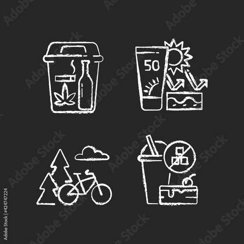 Healthy habits RGB color icons set. Quitting bad habits. Skin protection. Outdoor activity. No added sugar. Self improvement, personal development. Change lifestyle. Isolated vector illustrations