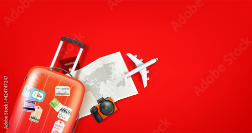 Travel illustration with different staff. Orange suitcase
