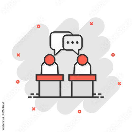 Politic debate icon in comic style. Presidential debates vector cartoon illustration pictogram. Businessman discussion business concept splash effect.