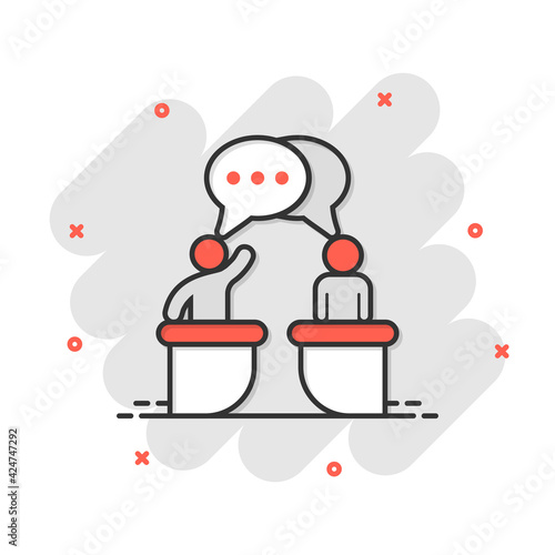 Politic debate icon in comic style. Presidential debates vector cartoon illustration pictogram. Businessman discussion business concept splash effect.