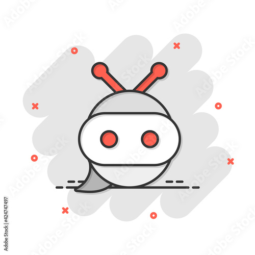 Cute robot chatbot icon in comic style. Bot operator vector cartoon illustration pictogram. Smart chatbot character business concept splash effect.