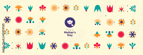 Mom's day. Women's Day. Vector flat illustration. Abstract backgrounds, patterns about mothers day. Hearts, abstract geometric shapes. Perfect for poster, label, banner, invitation.