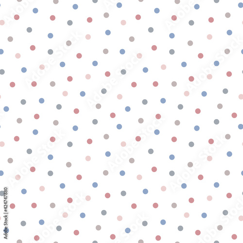 Polka dot seamless vector pattern. Blue, pink, grey and beige points, confetti on white background for cute holiday design, kid and fashion textile, package, scrapbooking, wrapping paper, card