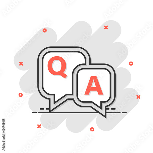Question and answer icon in comic style. Discussion speech bubble vector cartoon illustration pictogram. Question, answer business concept splash effect.