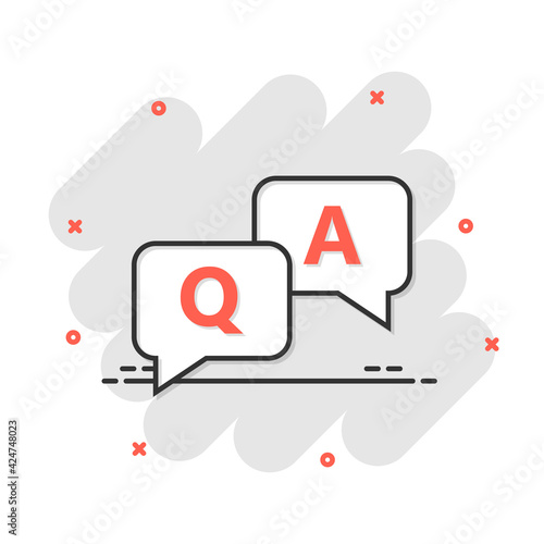 Question and answer icon in comic style. Discussion speech bubble vector cartoon illustration pictogram. Question, answer business concept splash effect.