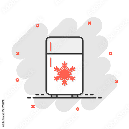 Fridge refrigerator icon in comic style. Freezer container vector cartoon illustration pictogram. Fridge business concept splash effect.
