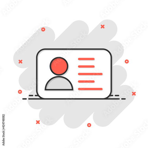 Id card icon in comic style. Identity badge vector cartoon illustration pictogram. Access cardholder people business concept splash effect.