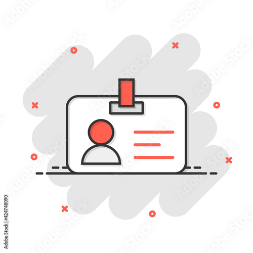 Id card icon in comic style. Identity badge vector cartoon illustration pictogram. Access cardholder people business concept splash effect.