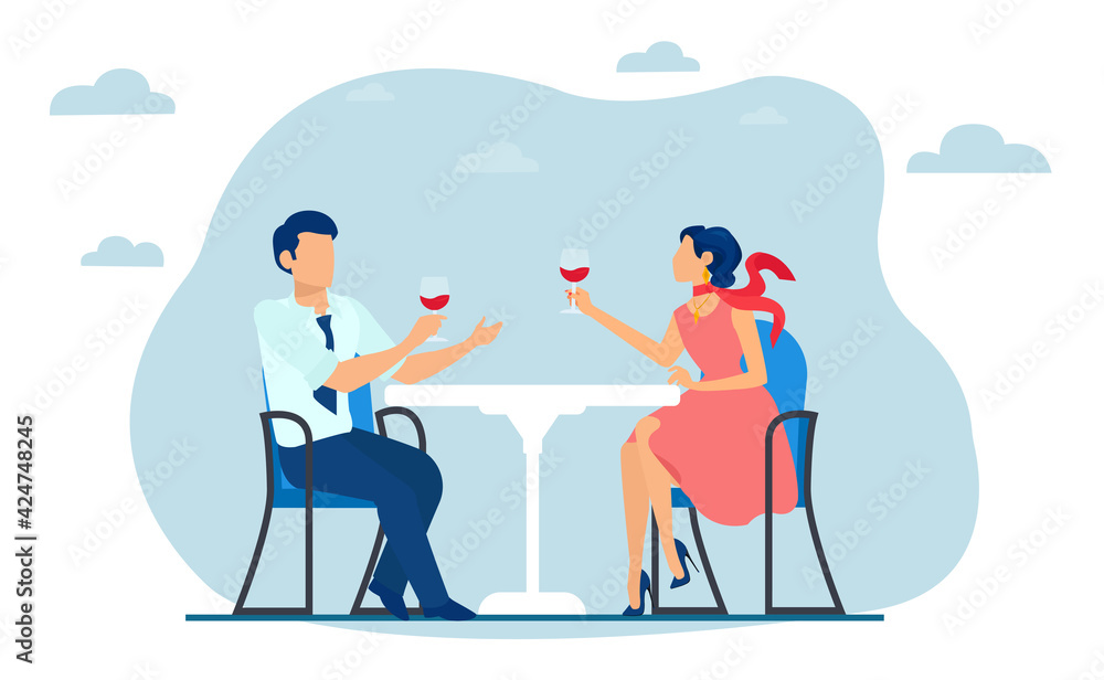 Vector of a man and woman sitting it the restaurant terrace drinking wine.