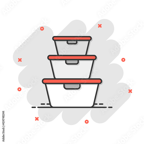 Food container icon in comic style. Kitchen bowl vector cartoon illustration pictogram. Plastic container box business concept splash effect.
