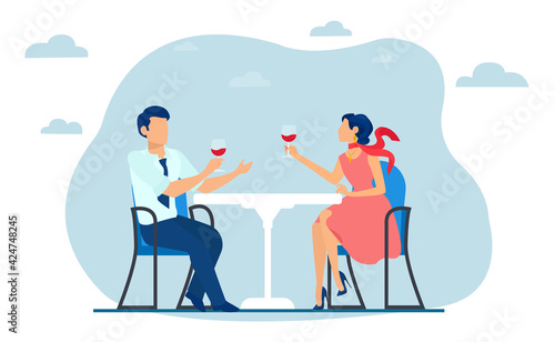 Vector of a man and woman sitting it the restaurant terrace drinking wine.