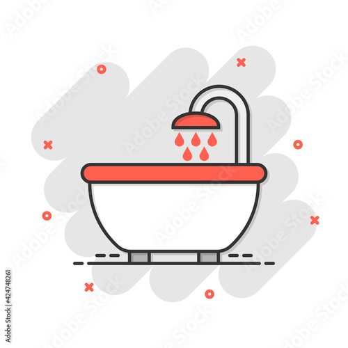 Bath shower icon in comic style. Bathroom hygiene vector cartoon illustration pictogram. Bath spa business concept splash effect.