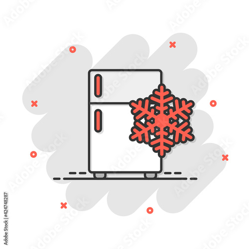 Fridge refrigerator icon in comic style. Freezer container vector cartoon illustration pictogram. Fridge business concept splash effect.