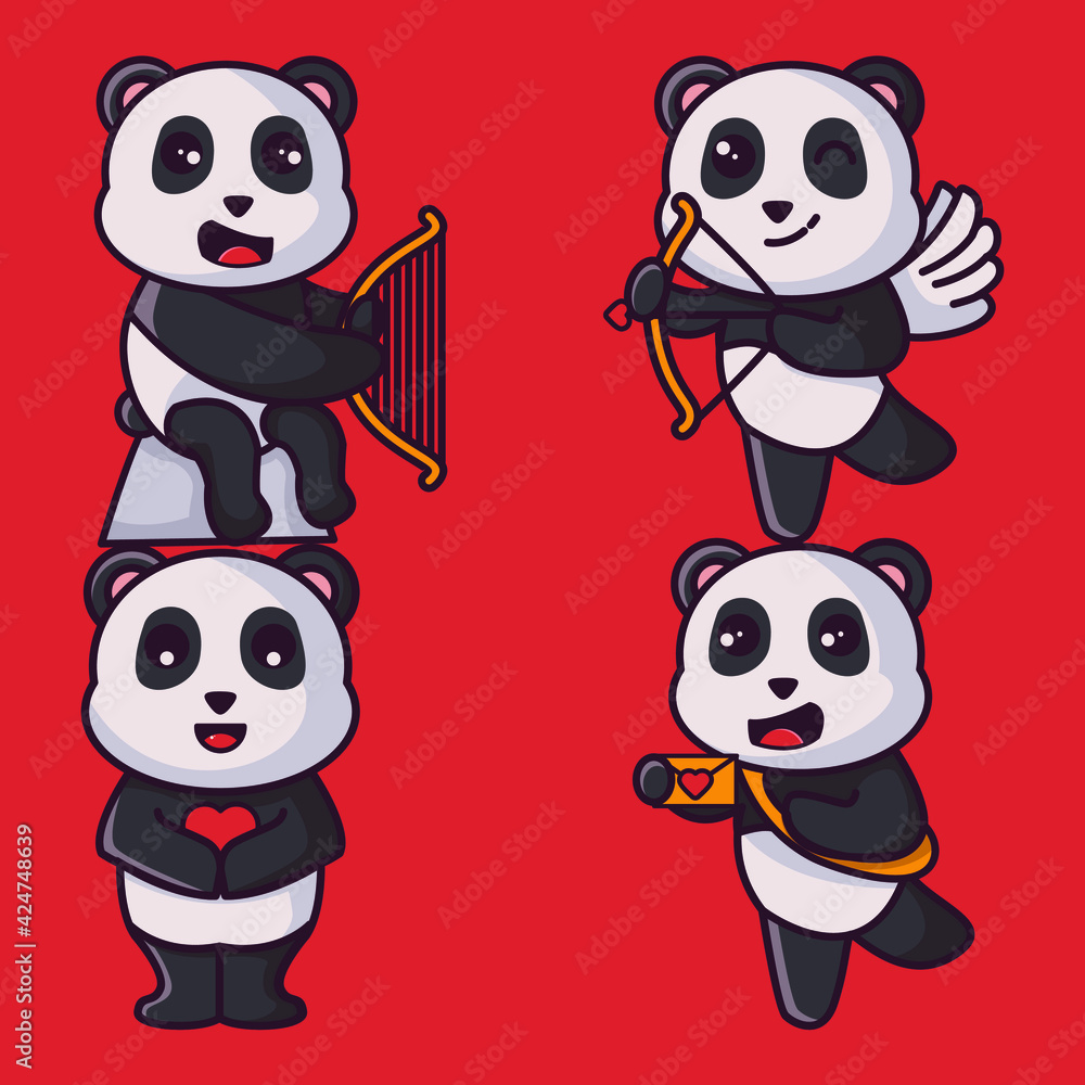 Cute Love Panda Cartoon Character Vector Illustration Design. Outline, Cute, Funny Style. Recomended For Children Book, Cover Book, And Other. Cute Love Panda Cartoon Character Vector Illustration Design. Outline, Cute, Funny Style. Recomended For Children Book, Cover Book, And Other.