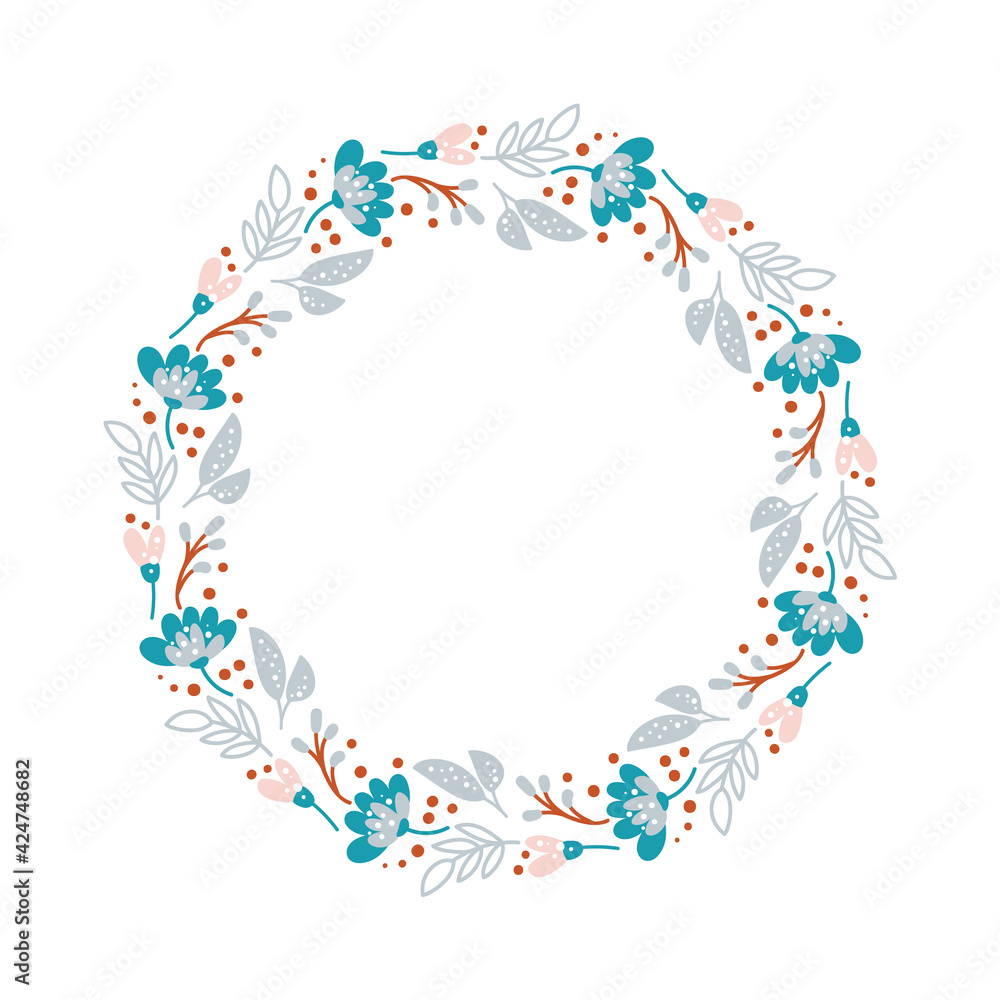 Summer wreath with flowers in scandinavian style. Spring herb flat abstract vector garden frame for woman day romantic holiday, wedding card. Element floral isolated illustration