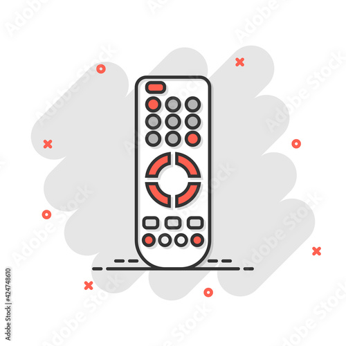 Remote control icon in comic style. Infrared controller vector cartoon illustration on white isolated background. Tv keypad business concept splash effect.