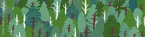 Landscape with trees in forest Summer garden texture banner design. Protection and preservation environment. Earth Day. Abstract pattern with green nature eco tree. Flat vector cartoon illustration