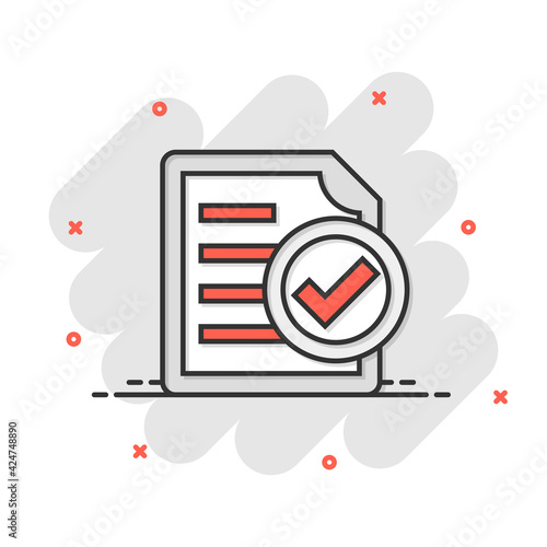 Compliance document icon in comic style. Approved process vector cartoon illustration on white isolated background. Checkmark business concept splash effect.