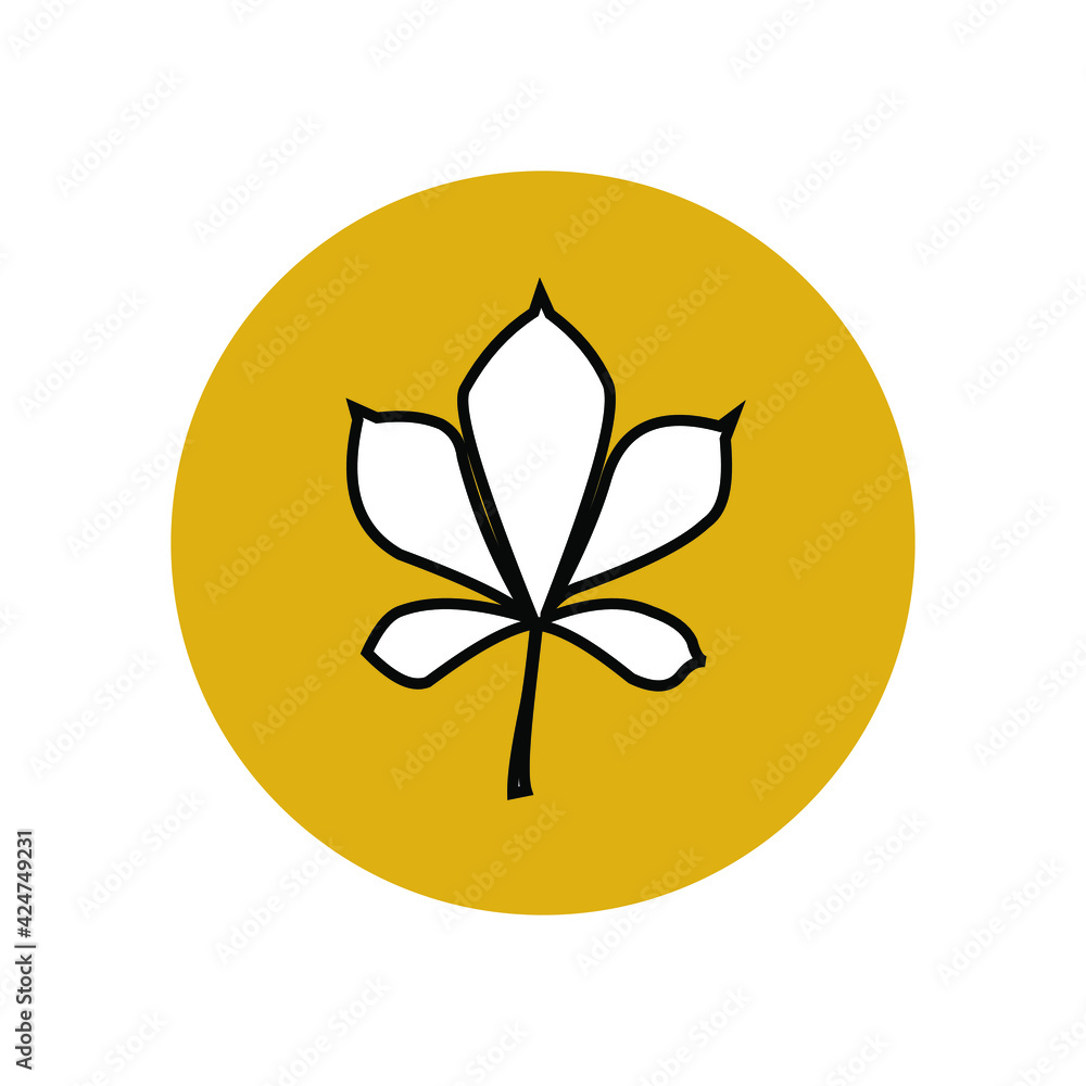 White silhouette of a chestnut leaf with a black outline in a yellow circle. Chestnut is a symbol of Kiev, Ukraine. Smartphone user interface button. Vector graphics. White silhouette of a chestnut leaf with a black outline in a yellow circle. Chestnut is a symbol of Kiev, Ukraine. Smartphone user interface button. Vector graphics.