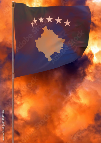 Kosovo flag on pole with sky background