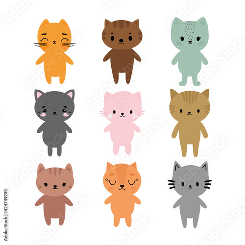Fototapeta Naklejka Na Ścianę i Meble -  Adorable cats. Set of cute cartoon animals. Fits for designing baby clothes. Hand drawn smiling characters. Happy animal
