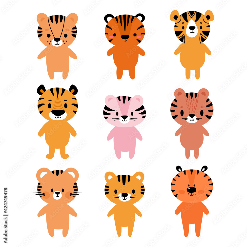 Obraz premium Adorable tigers. Set of cute cartoon animals. Fits for designing baby clothes. Hand drawn smiling characters. Happy animal