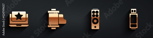 Set Laptop with star, Camera vintage film roll cartridge, Remote control and USB flash drive icon with long shadow. Vector