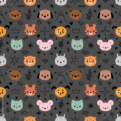 Hand drawn childish seamless pattern with cute animals. Creative baby texture for fabric, textile, nursery, clothes. Cat, dog, bunny