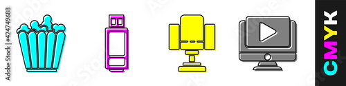 Set Popcorn in box, USB flash drive, Director movie chair and Online play video icon. Vector