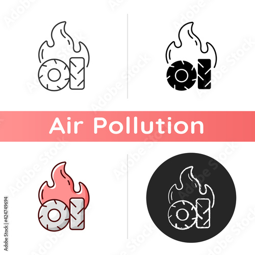 Burning tires icon. Tire fire emissions include dangerous pollutants such as carbon monoxide and oxides of nitrogen. Linear black and RGB color styles. Isolated vector illustrations