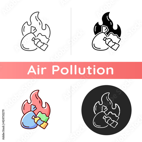 Burning garbage icon. Pollutants from backyard burning of trash are released primarily into air. Linear black and RGB color styles. Isolated vector illustrations