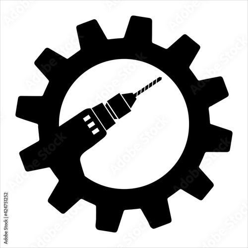 Drill, hand tool in gear simple flat design