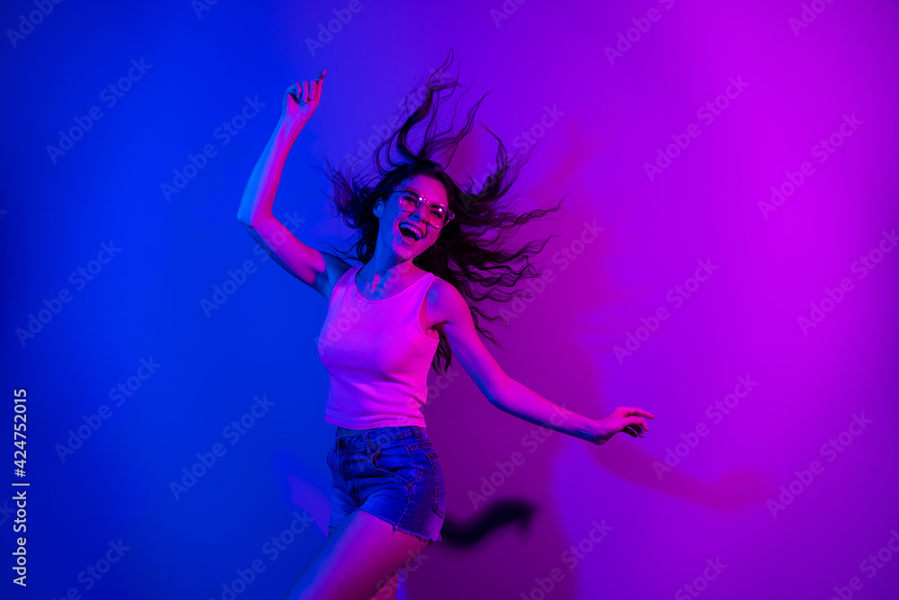 Photo of crazy cheerful lady have fun chilling open mouth smile free time weekend isolated on neon gradient background