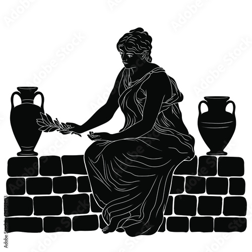A young slender woman in an ancient Greek tunic sits on a stone parapet and holds a laurel branch in her hand. Figure isolated on white background.