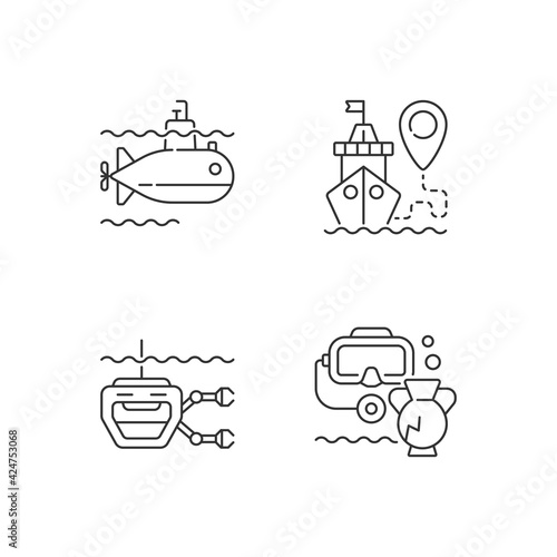 Marine exploration linear icons set. Underwater archaeology tools. Remotely operated underwater vehicle. Customizable thin line contour symbols. Isolated vector outline illustrations. Editable stroke