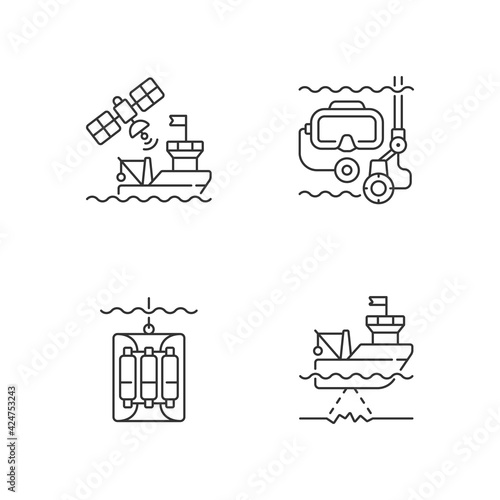 Marine exploration linear icons set. Taking water sampler from ocean with use of special equipment. Customizable thin line contour symbols. Isolated vector outline illustrations. Editable stroke