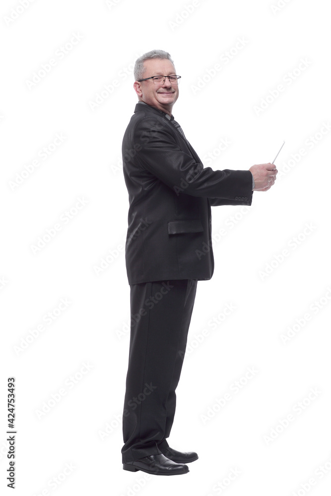 Side view of cheerful businessman touching digital tablet Side view of cheerful businessman touching digital tablet