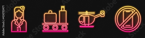Set line Helicopter, Stewardess, Airport conveyor belt with suitcase and No cell phone. Glowing neon icon. Vector